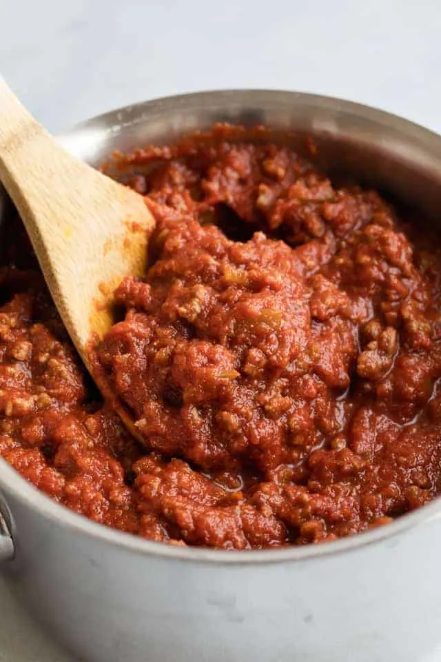 Sloppy joe sauce in a stainless steel pot