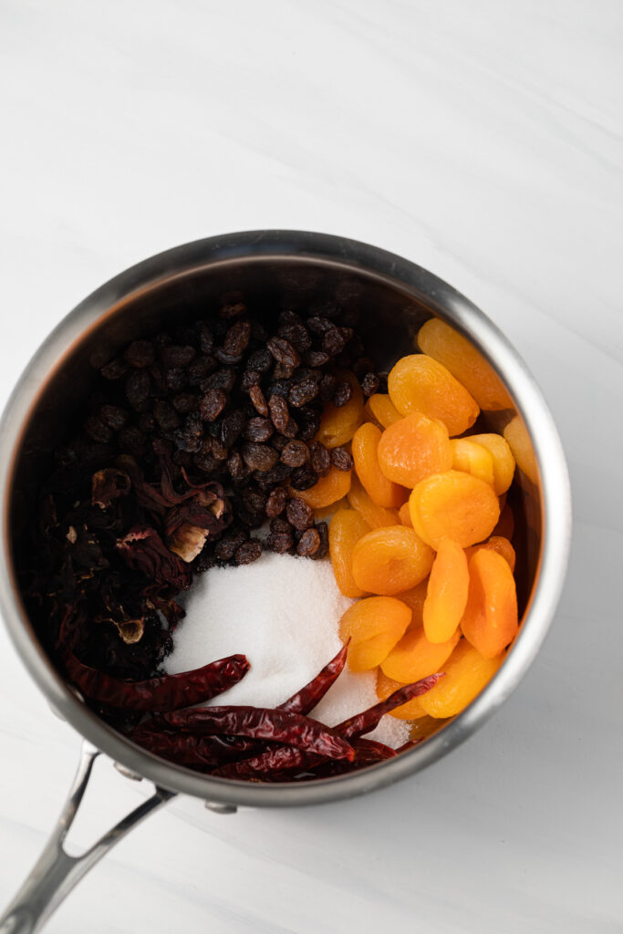 Ingredients for chamoy sauce in saucepan.