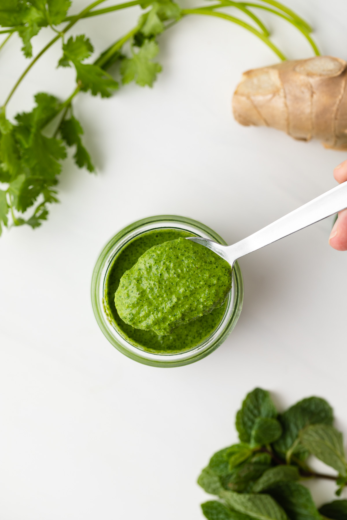 Overhead view of cilantro mint sauce on a spoon.