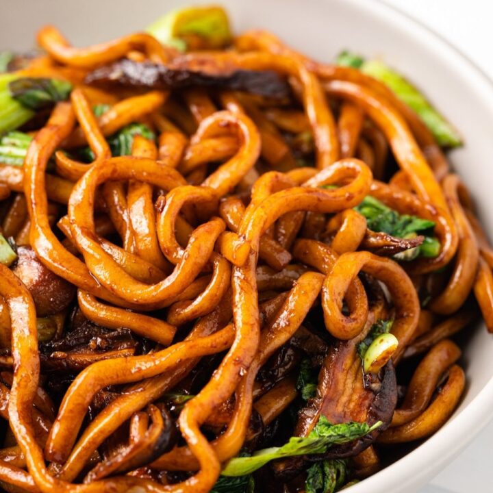 Close up of stir fried udon and sauce.