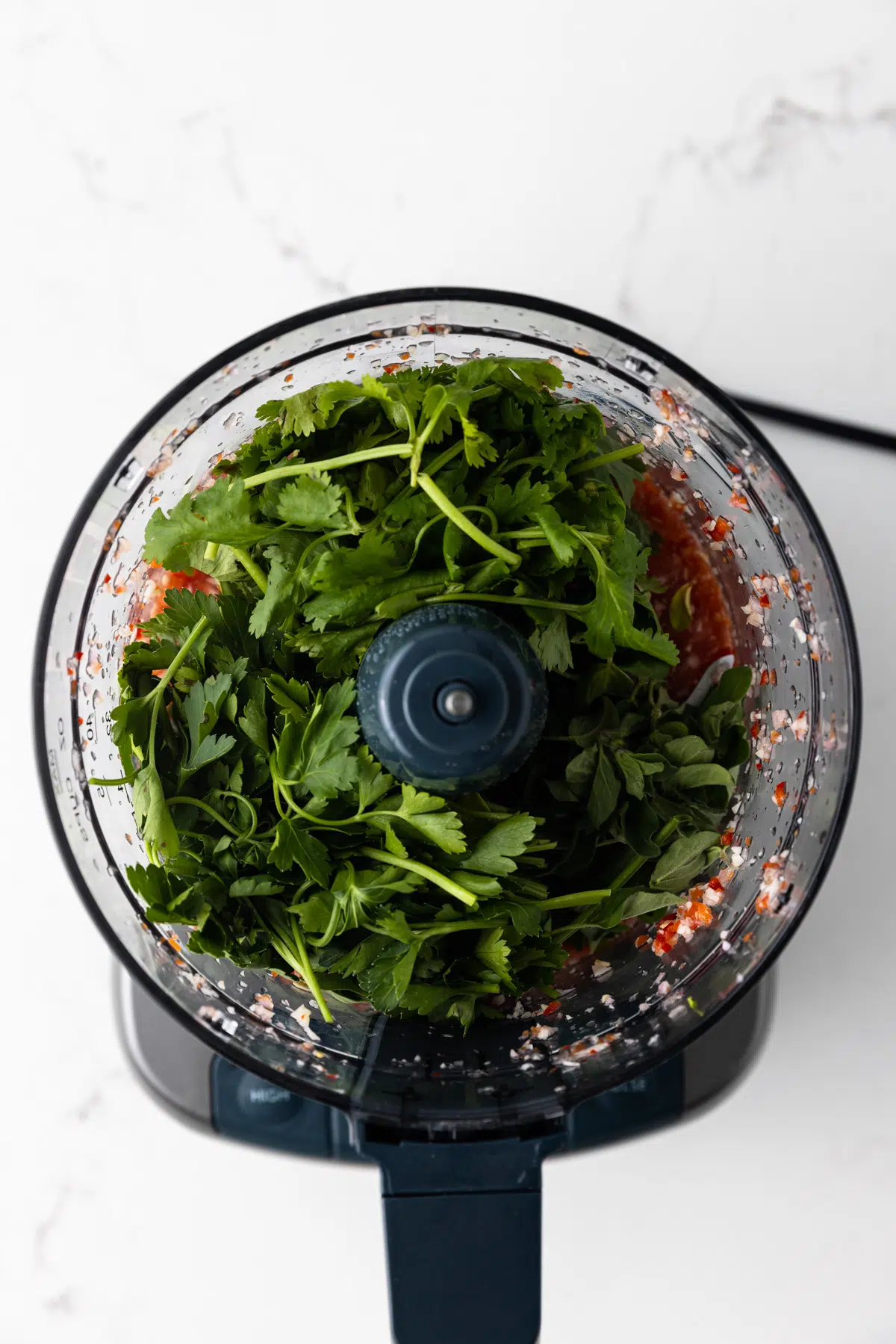 Cilantro, parsley, and oregano in food processor.