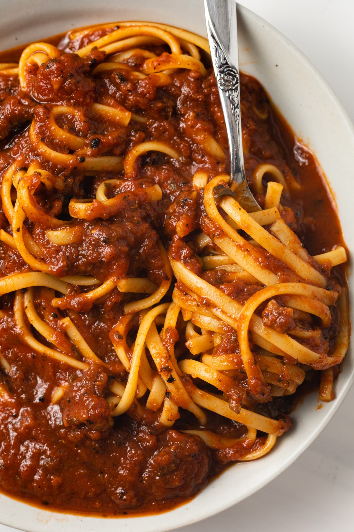 Close up of noodles with Italian gravy.