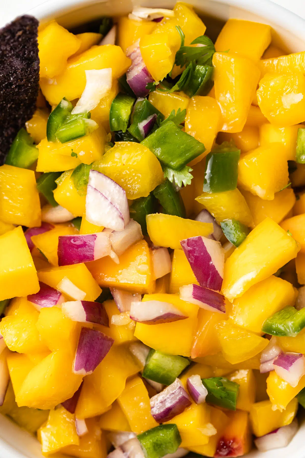 Close up of peach mango salsa.