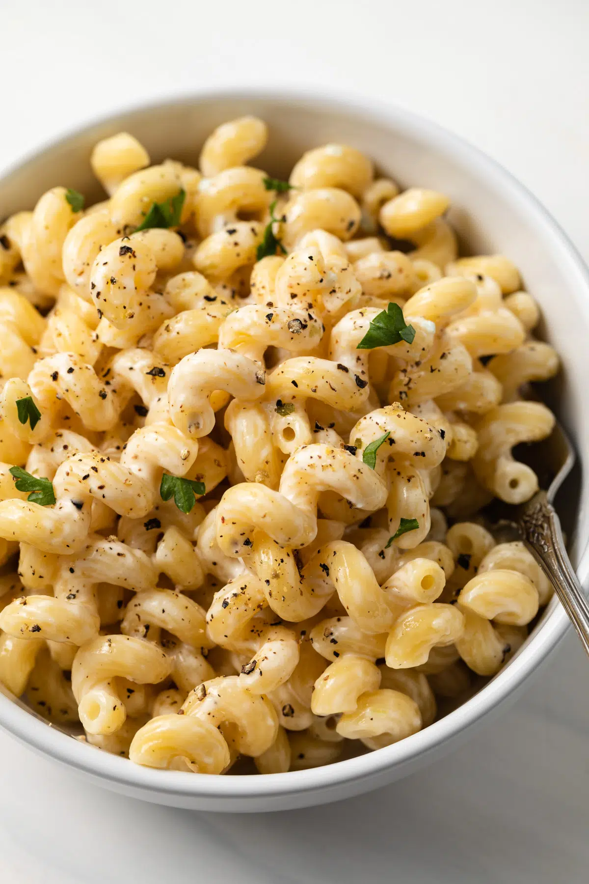 Pasta with lemon pepper garlic cream sauce in a bowl.