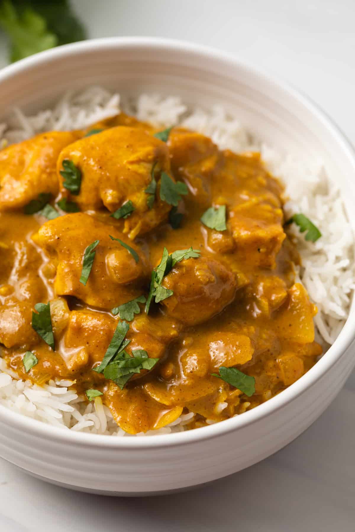 Close up of easy curry sauce with chicken and rice.