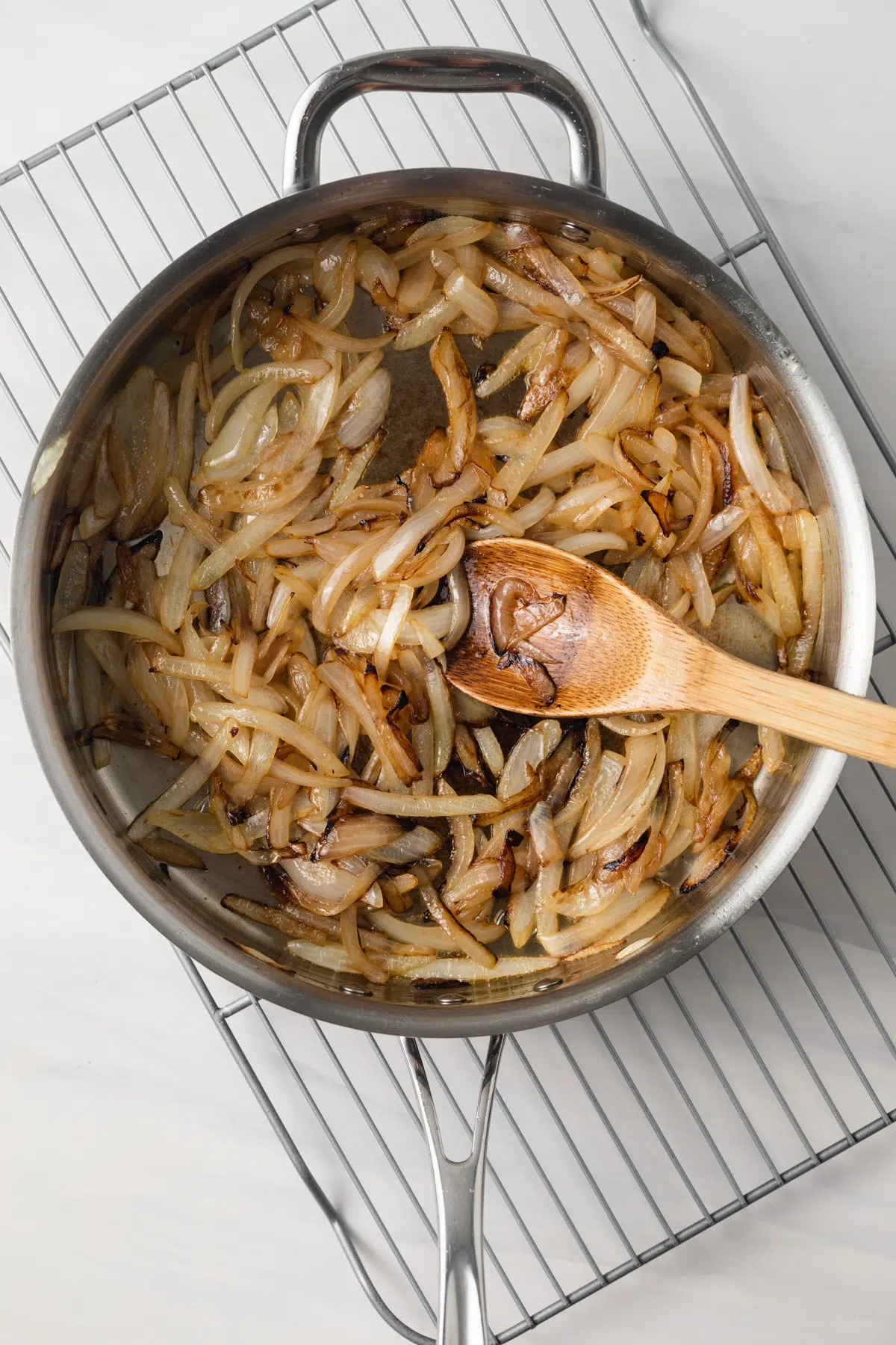 Onions cooked to light golden brown.