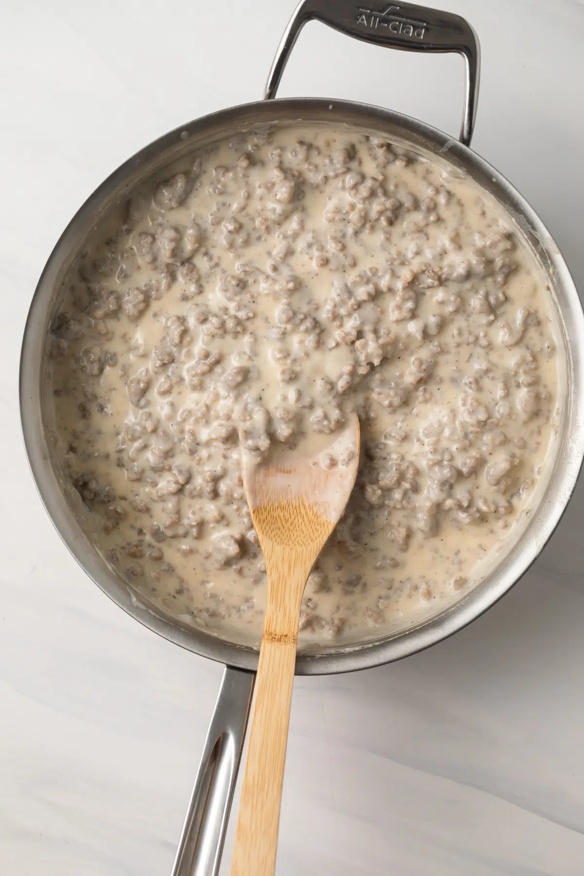 Sausage gravy in a large skillet.