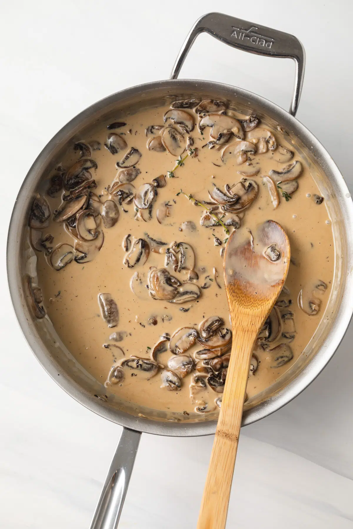 Mushroom sauce in a fry pan.