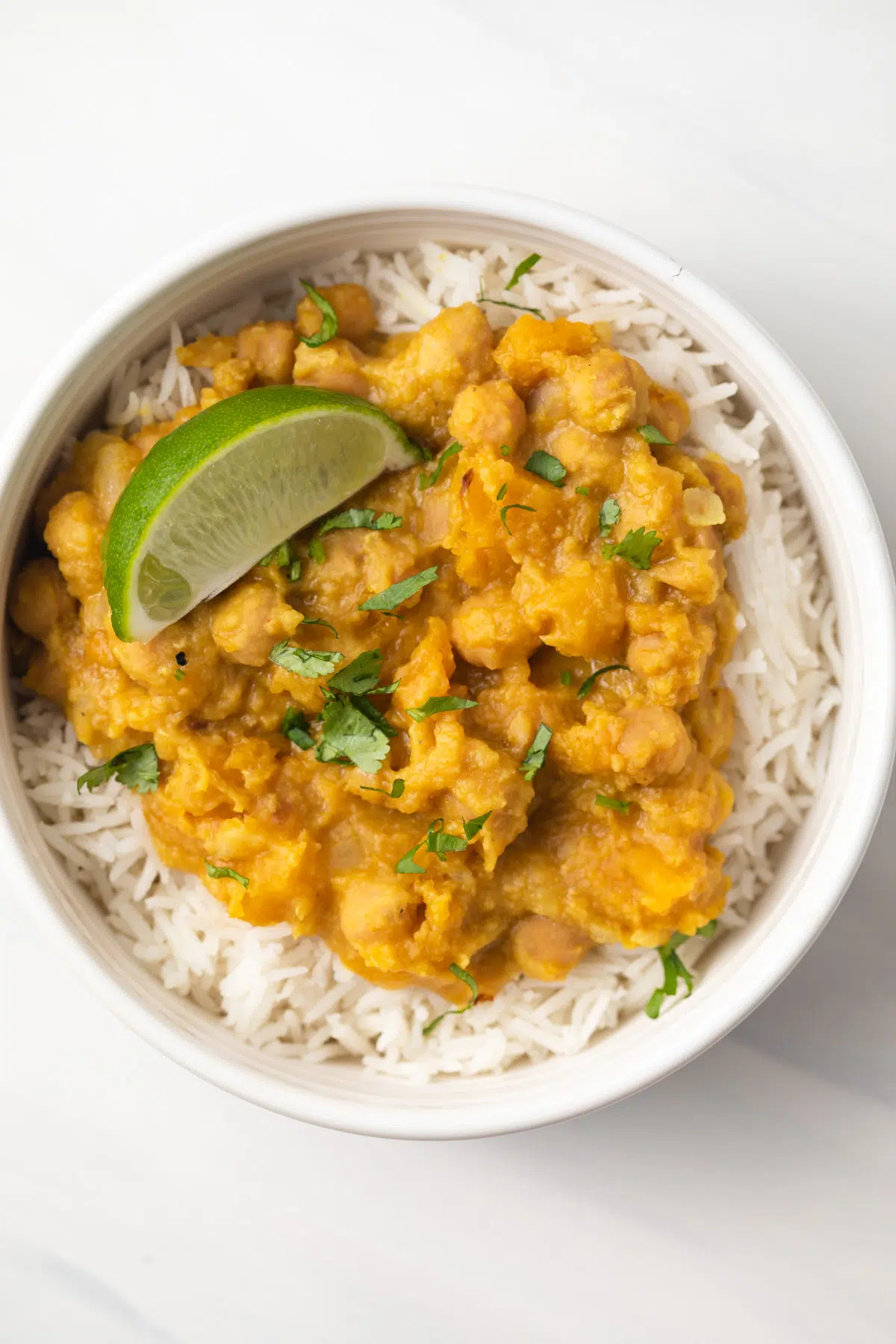 Overhead of vegan pumpkin curry over rice.