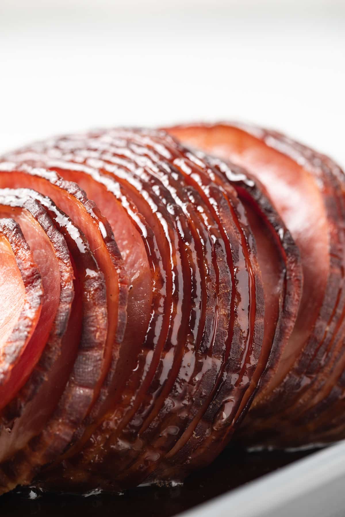 Spiral ham coated in ham glaze.