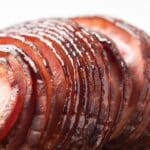 Spiral ham coated in ham glaze.