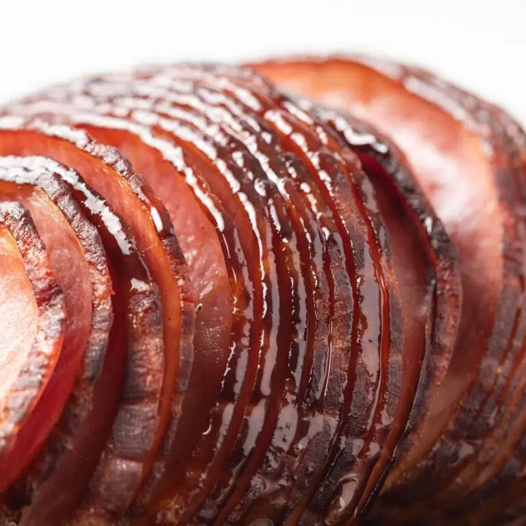 Spiral ham coated in ham glaze.