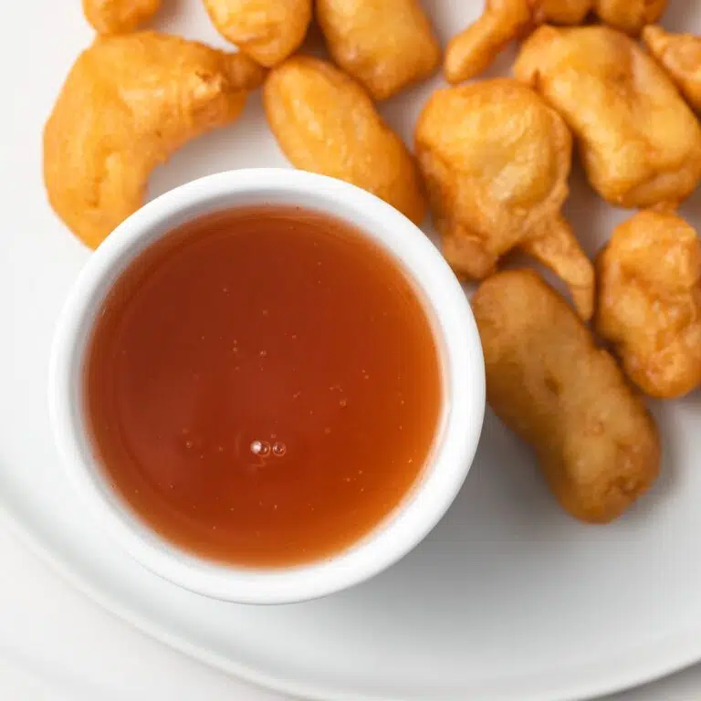 Overhead of sweet and sour sauce in a white bowl.