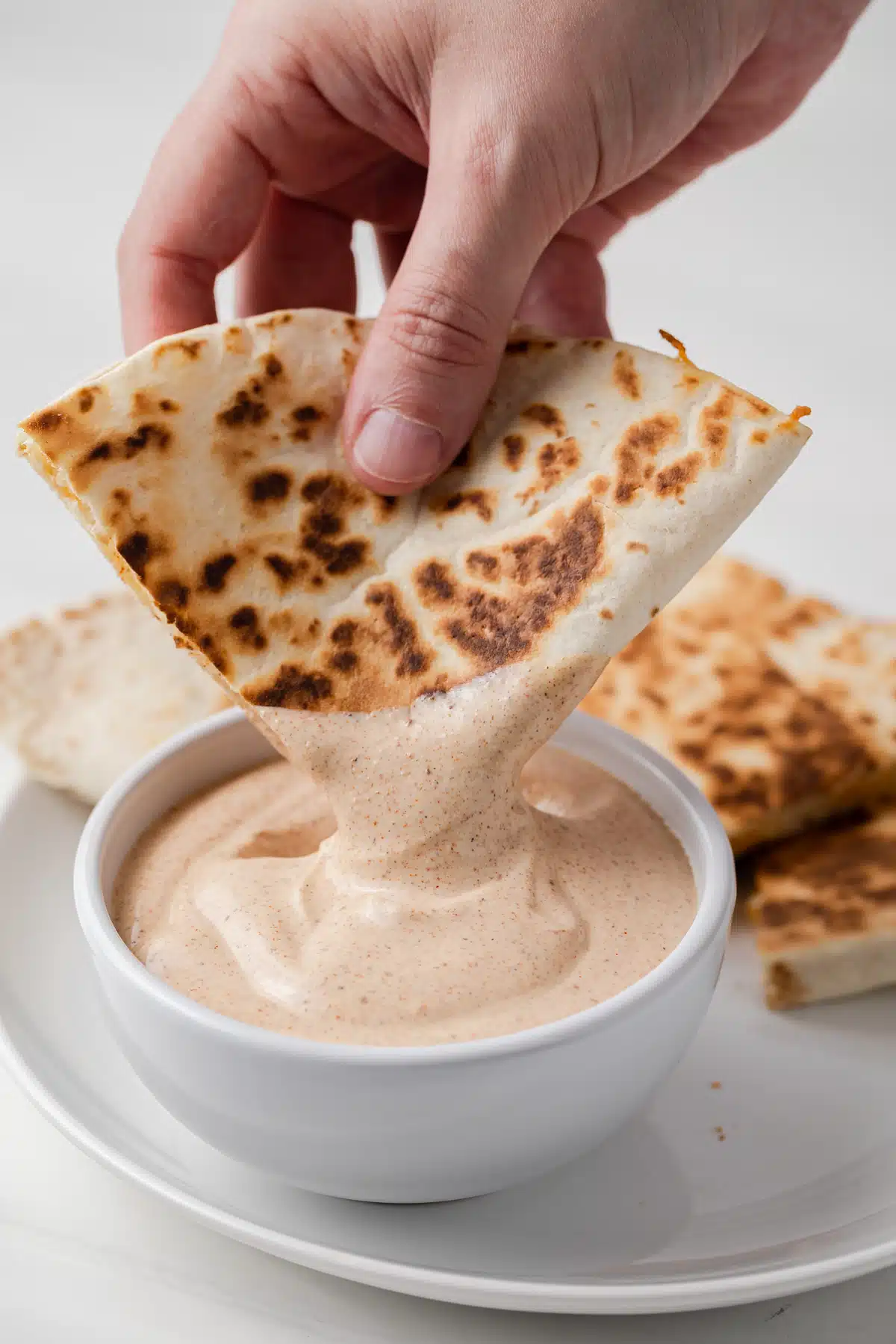 Quesadilla dipped in quesadilla sauce.