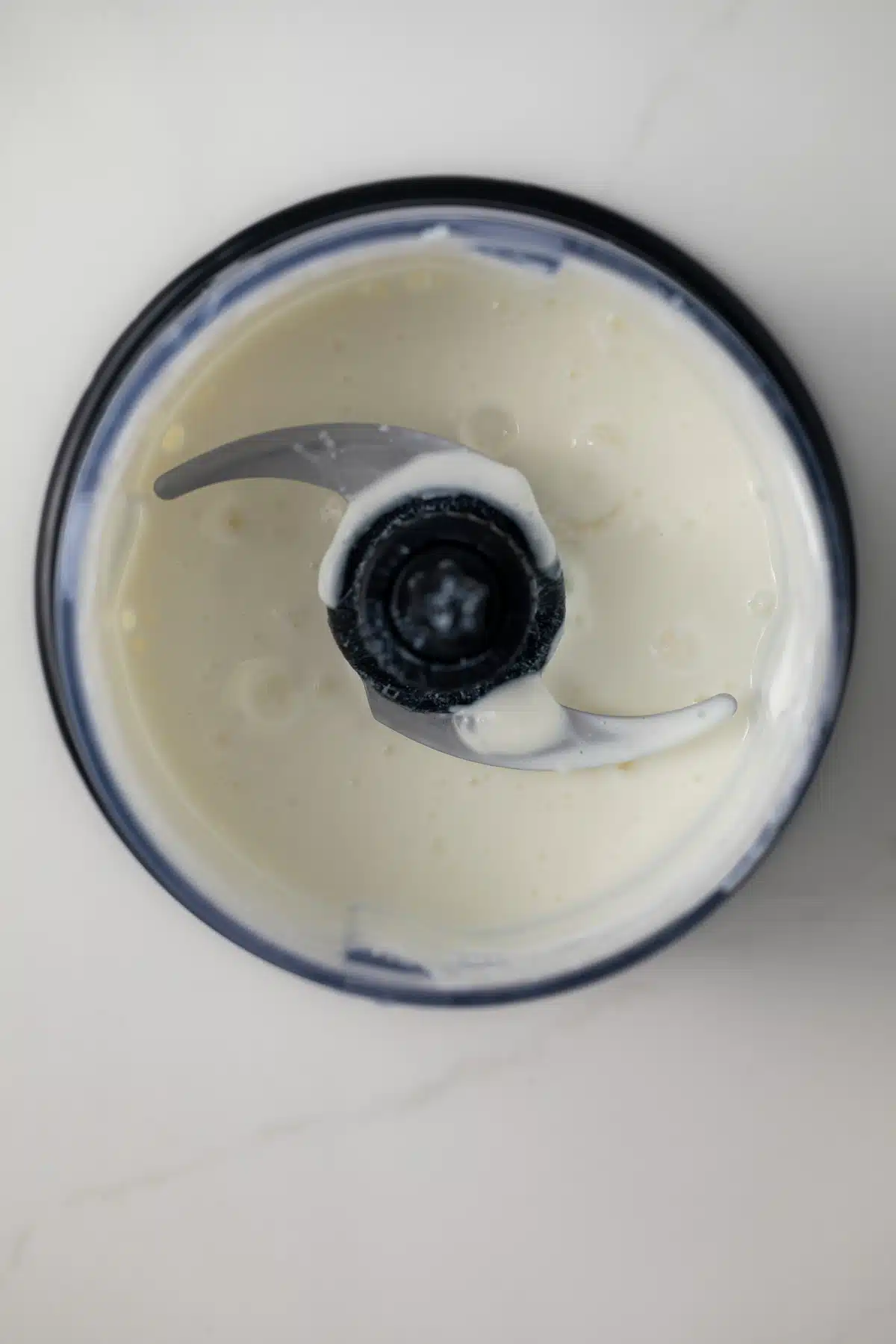 Yogurt garlic sauce in blender bowl.