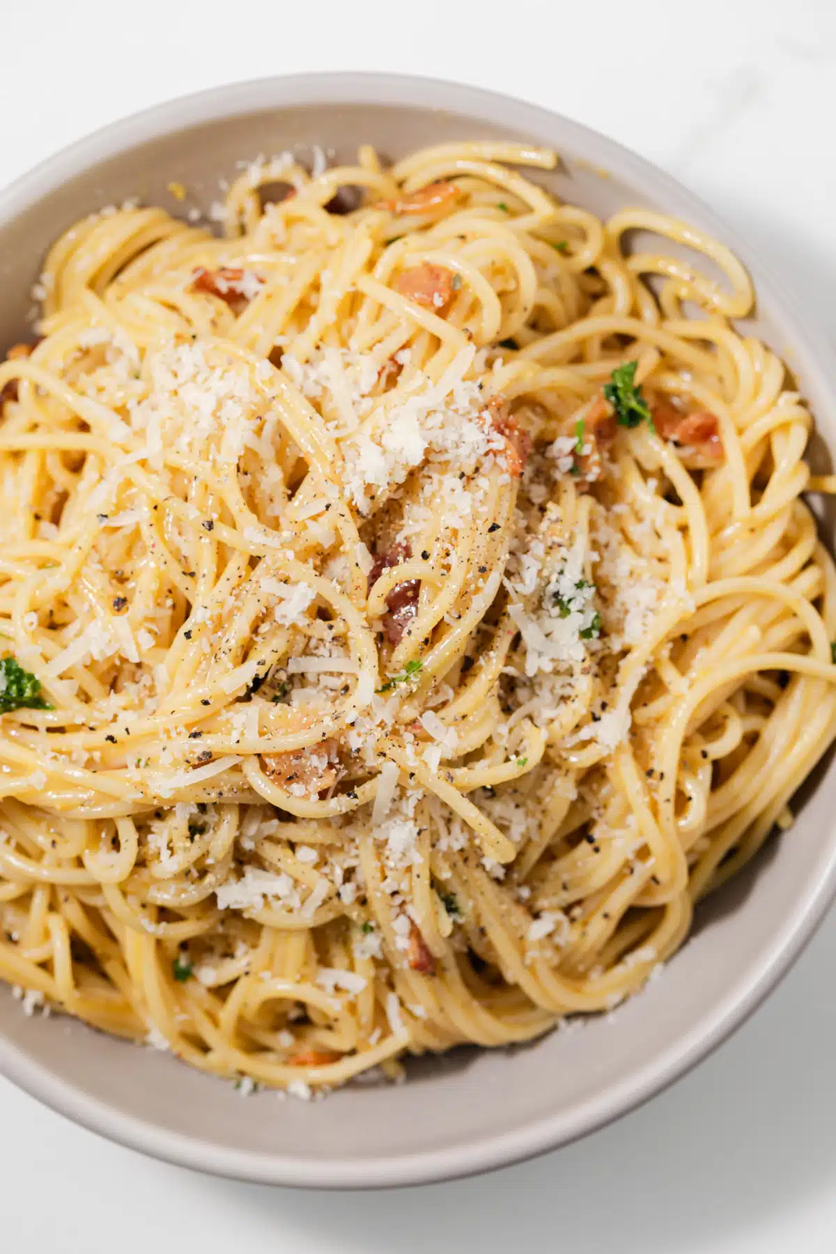 Overhead of pasta carbonara in a bowl.