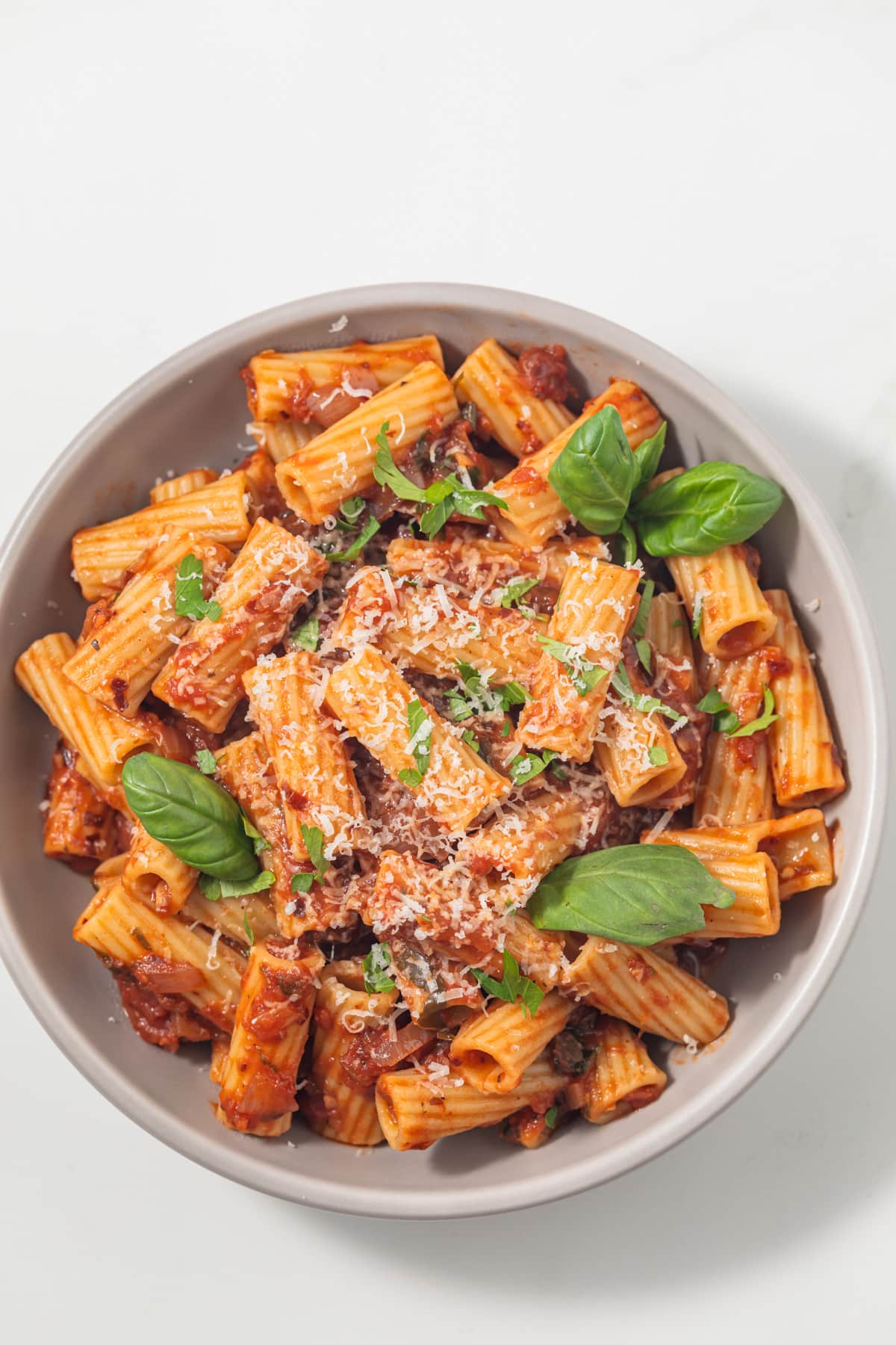 Overhead of pasta arrabbiata sauce.