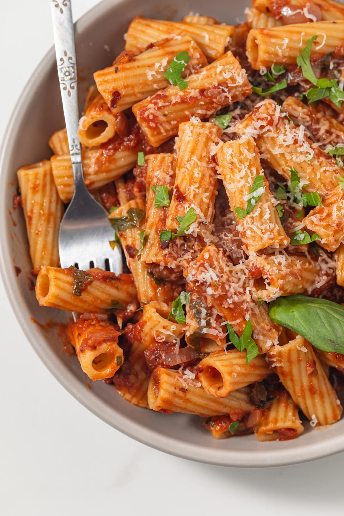 Close up of pasta with arrabbiata sauce.