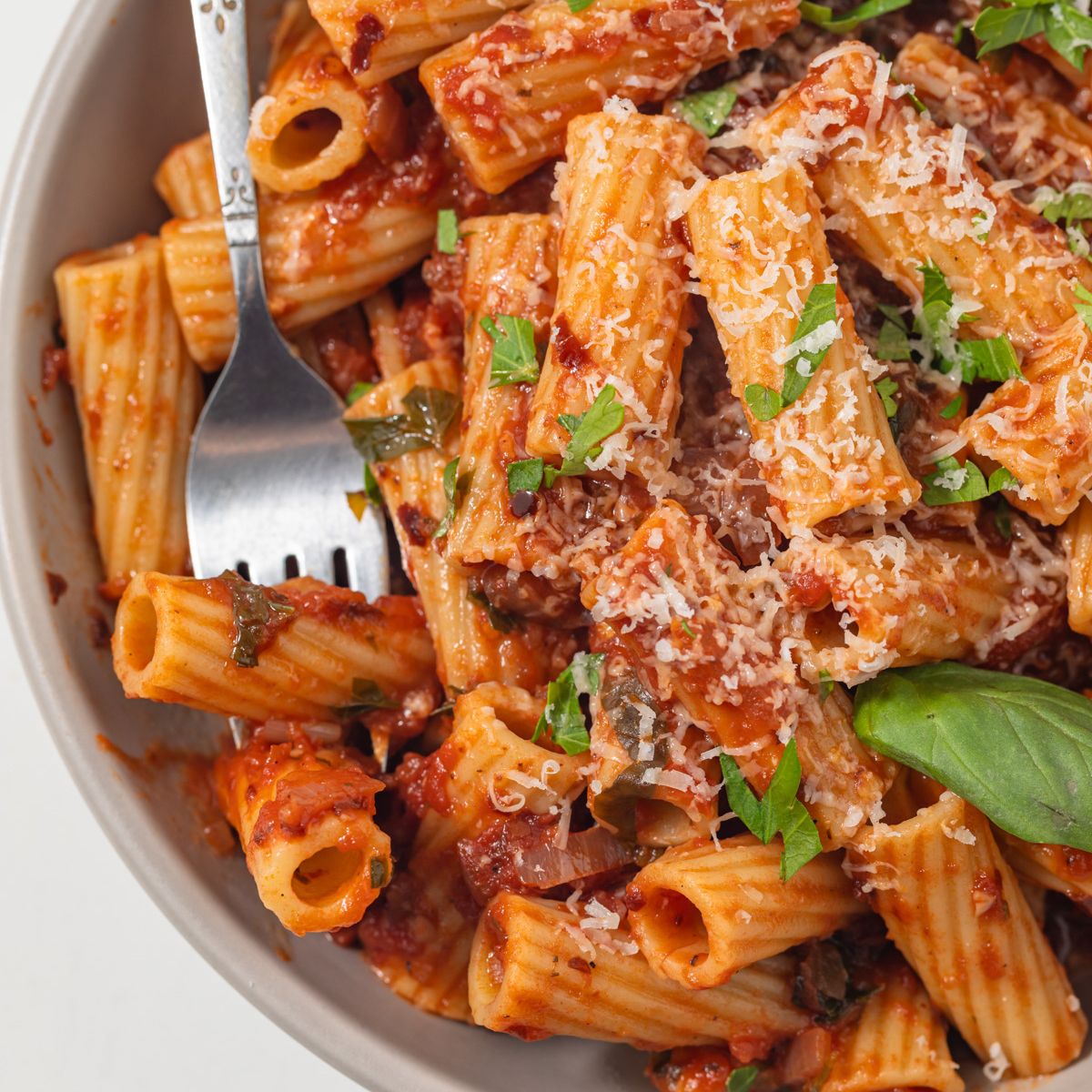 Close up of pasta with arrabbiata sauce.