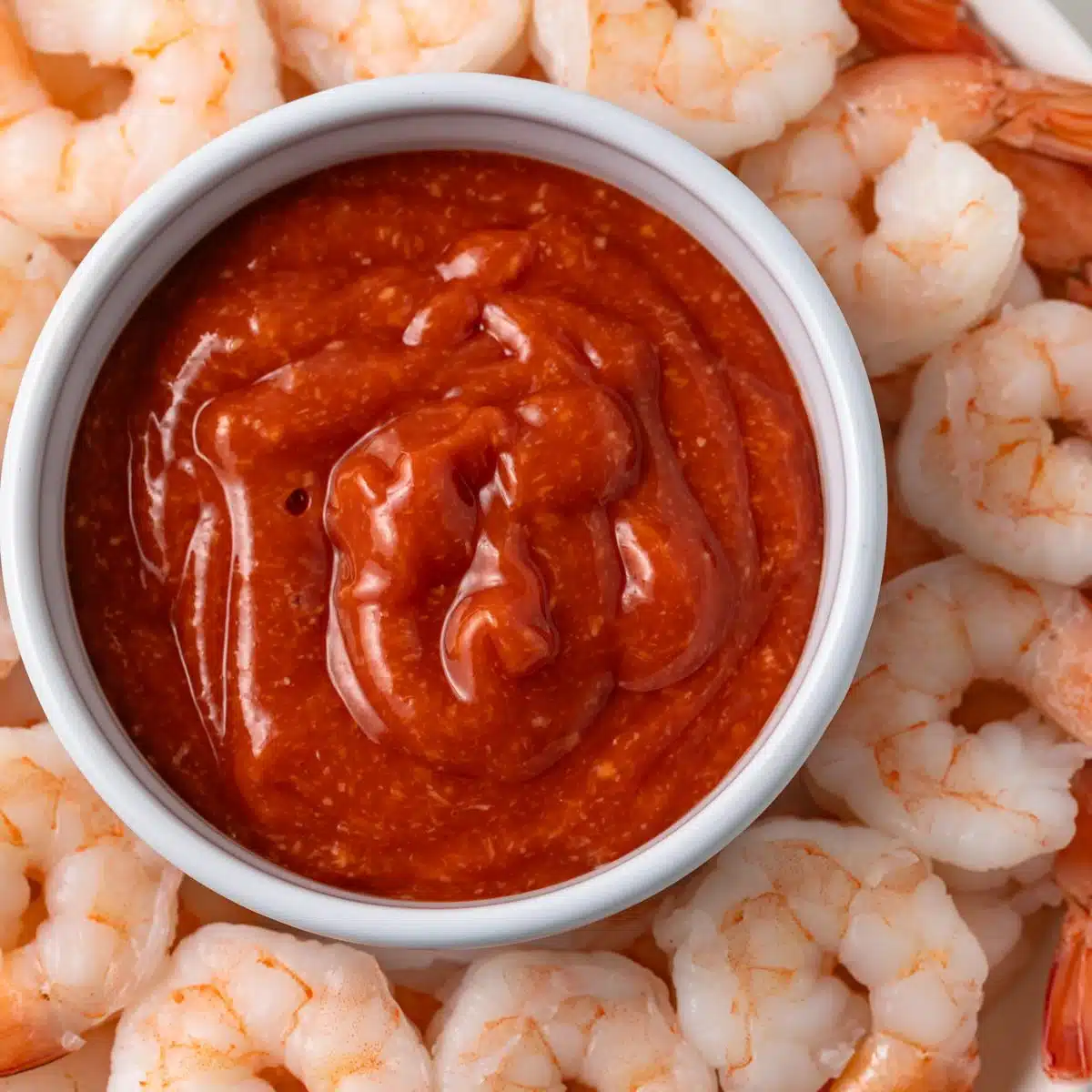Close up of bowl of cocktail sauce with steamed shrimp.