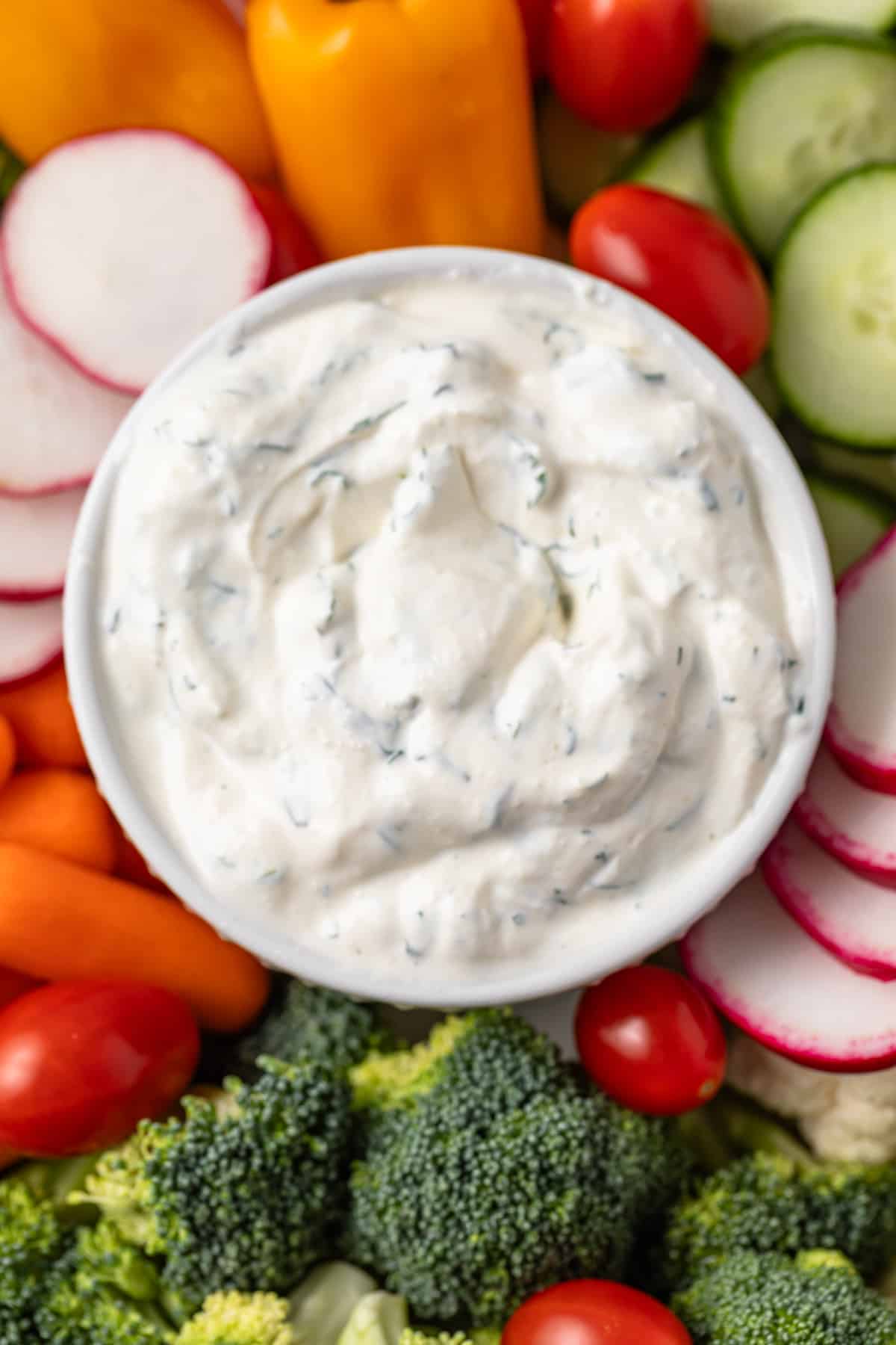 Close up of veggie dip in bowl.