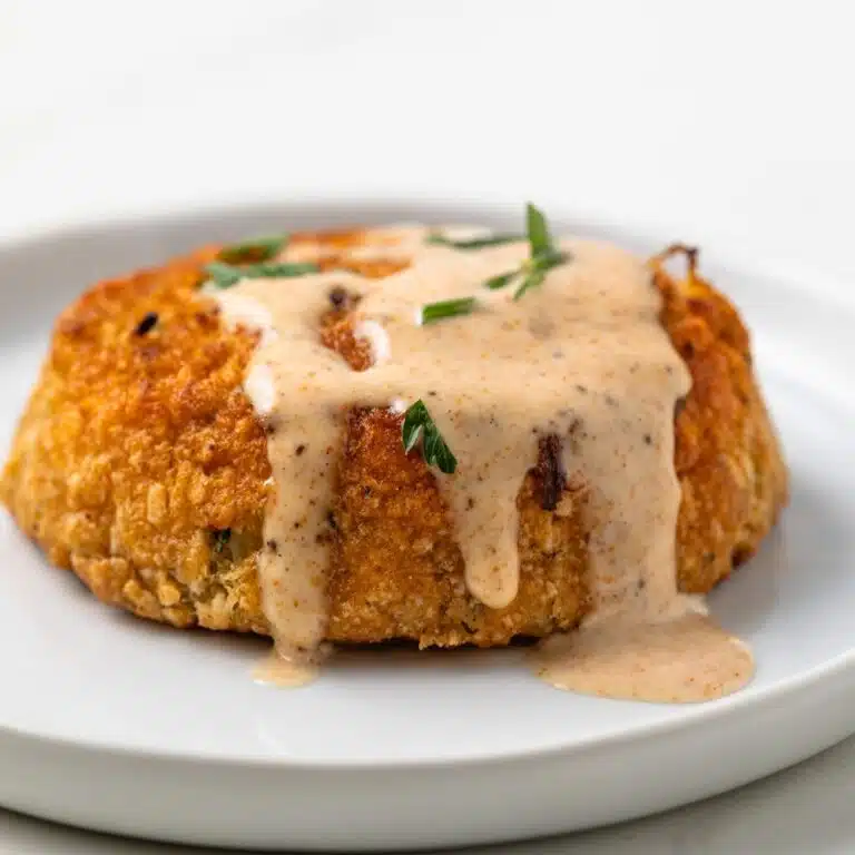 Crab cake sauce drizzled over crab cake on plate.