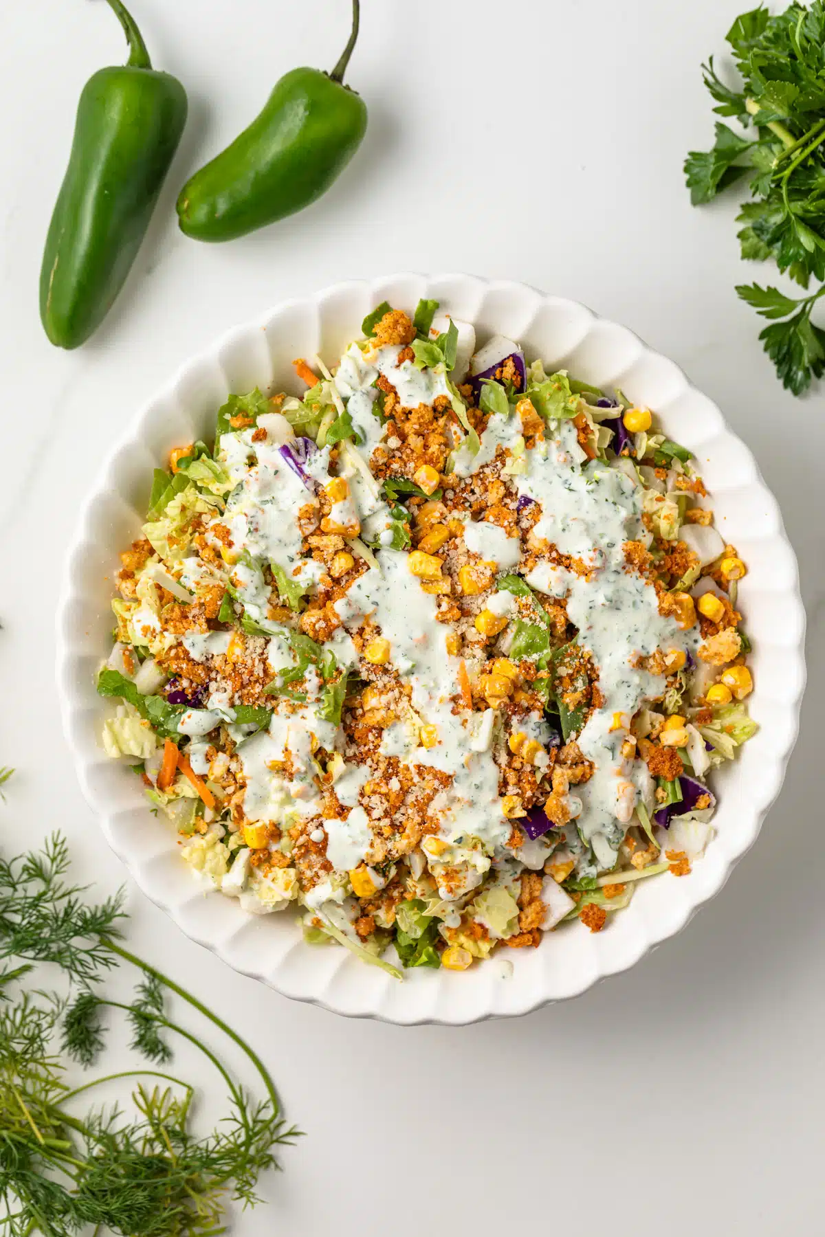 Bowl of salad with jalapeno ranch.