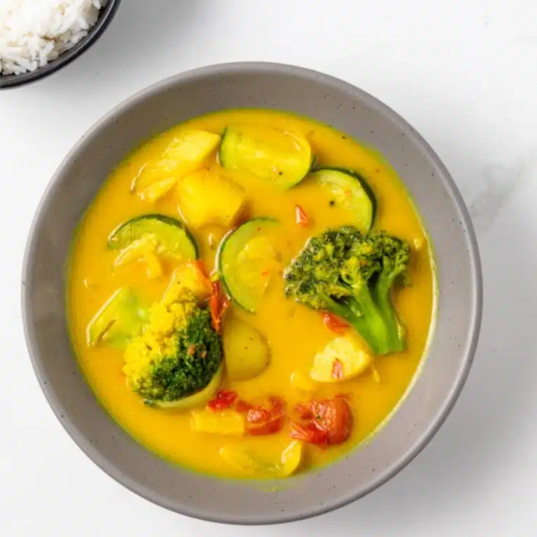 Overhead of Thai yellow curry in a bowl.