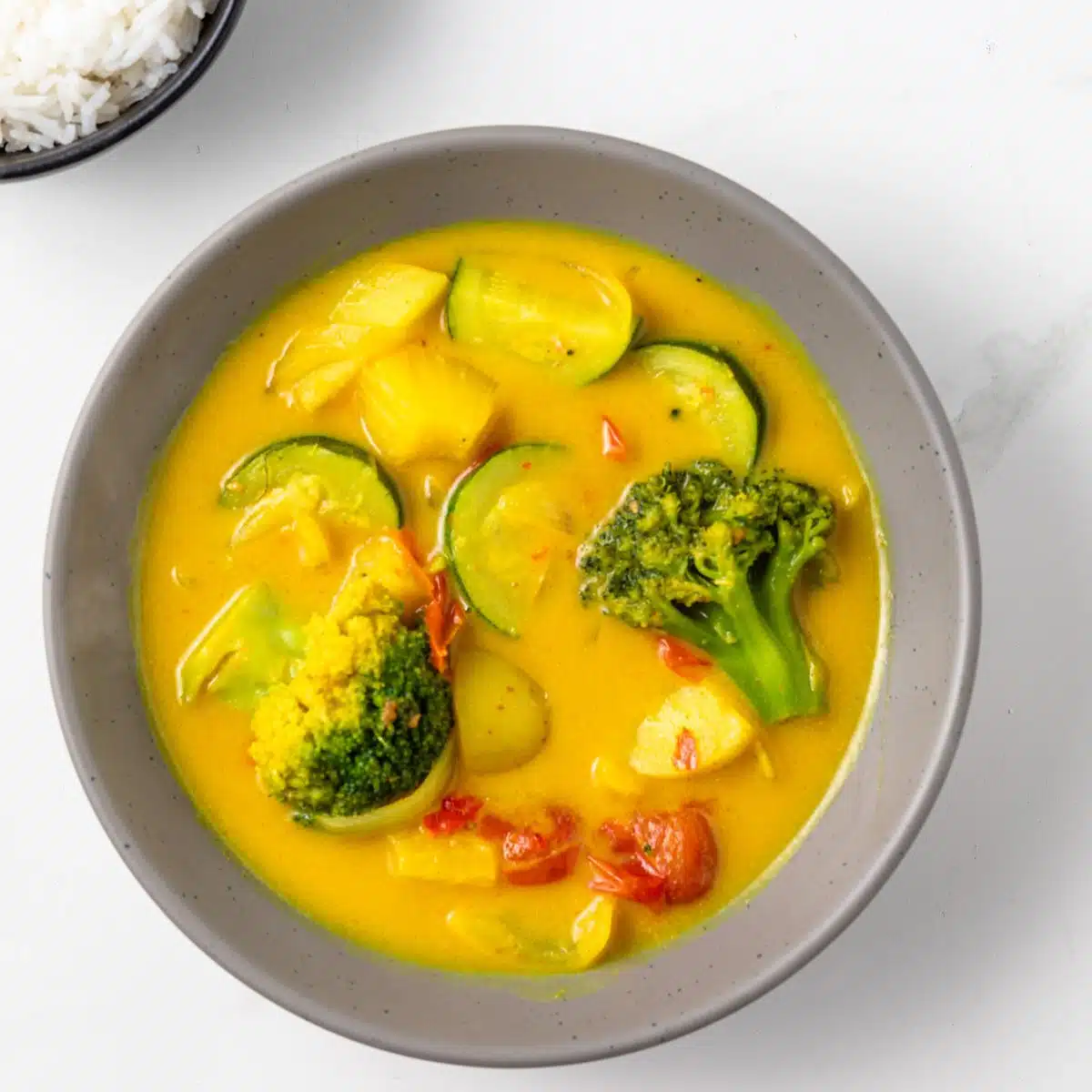 Overhead of Thai yellow curry in a bowl.