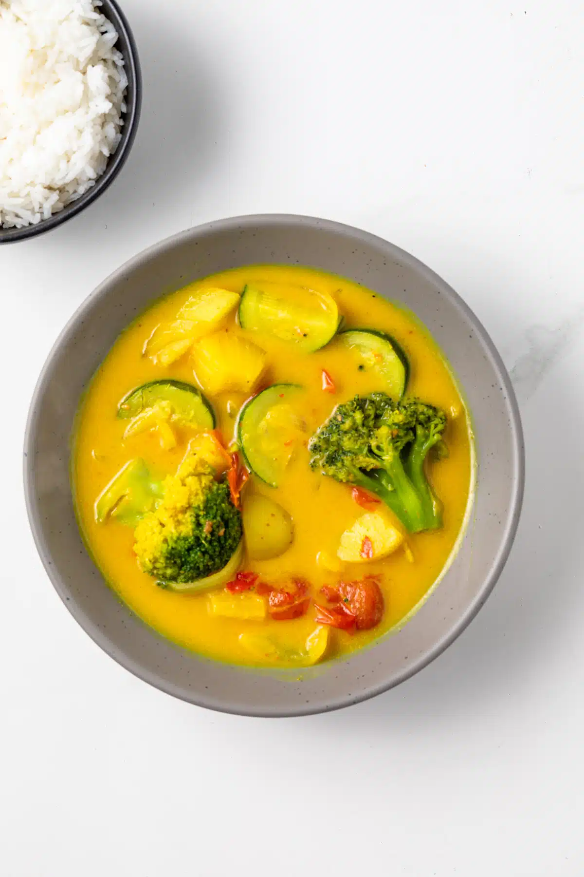Overhead of Thai yellow curry in a bowl.