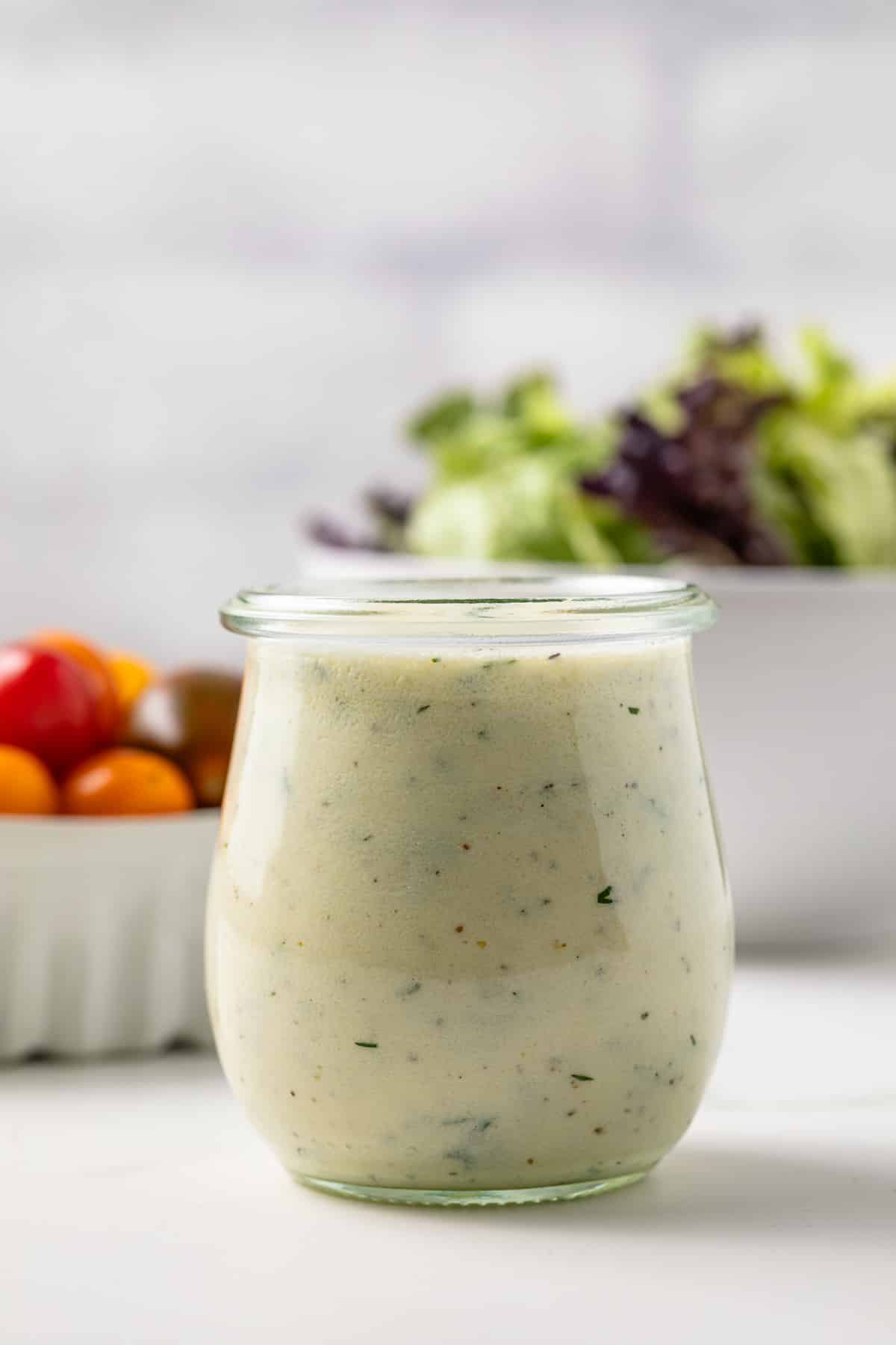 Greek yogurt salad dressing in a jar.