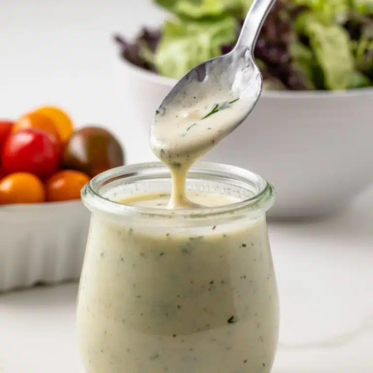 Greek yogurt salad dressing in a jar with a spoon.