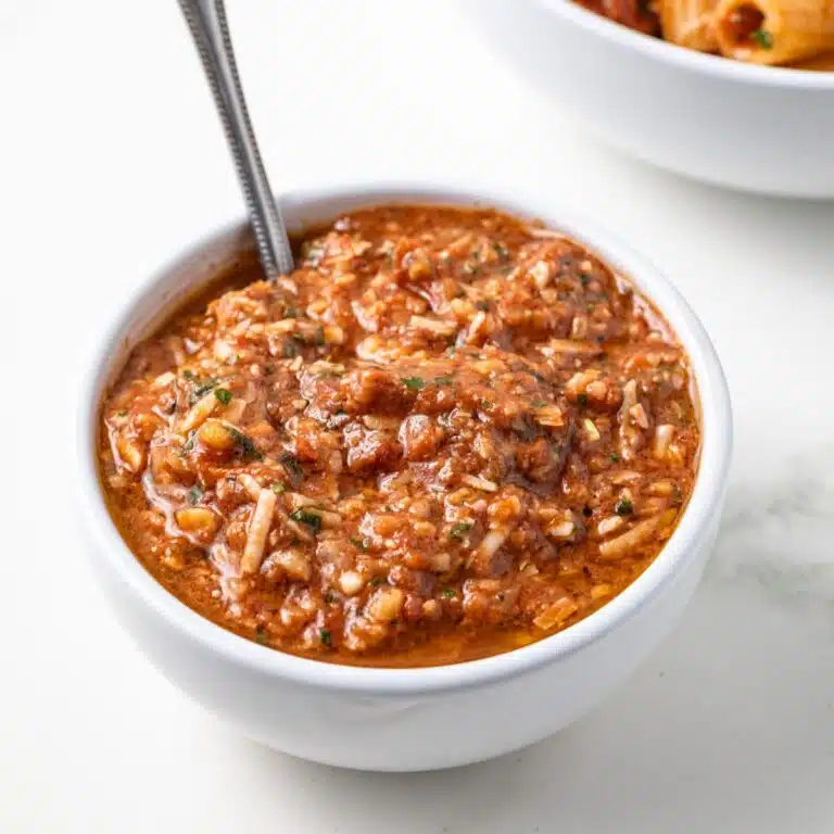 Pesto Rosso in a bowl with a spoon.