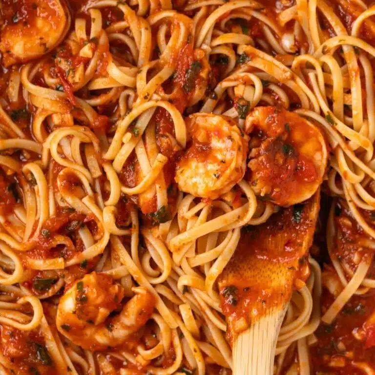 Overhead of Fra Diavolo sauce with pasta and shrimp.