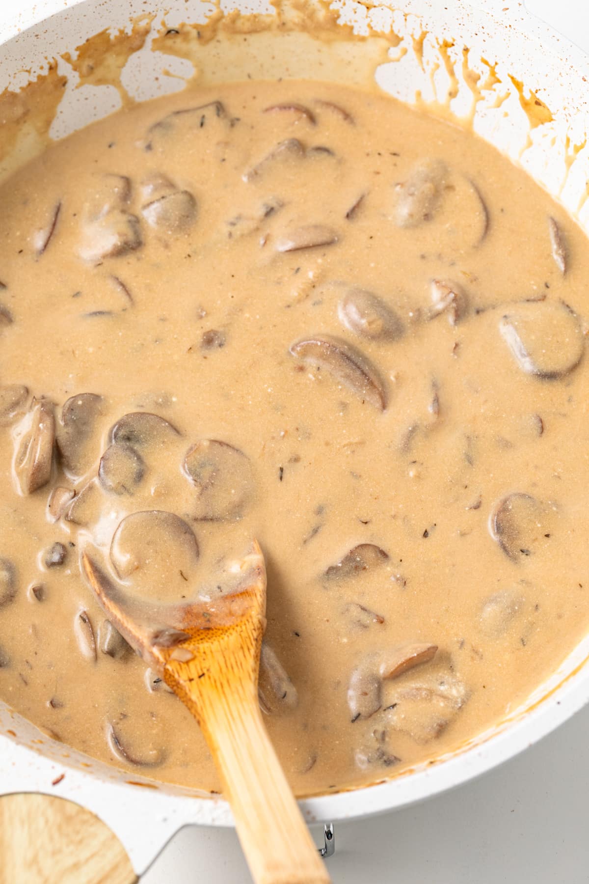 Mushroom stroganoff sauce in a pan.