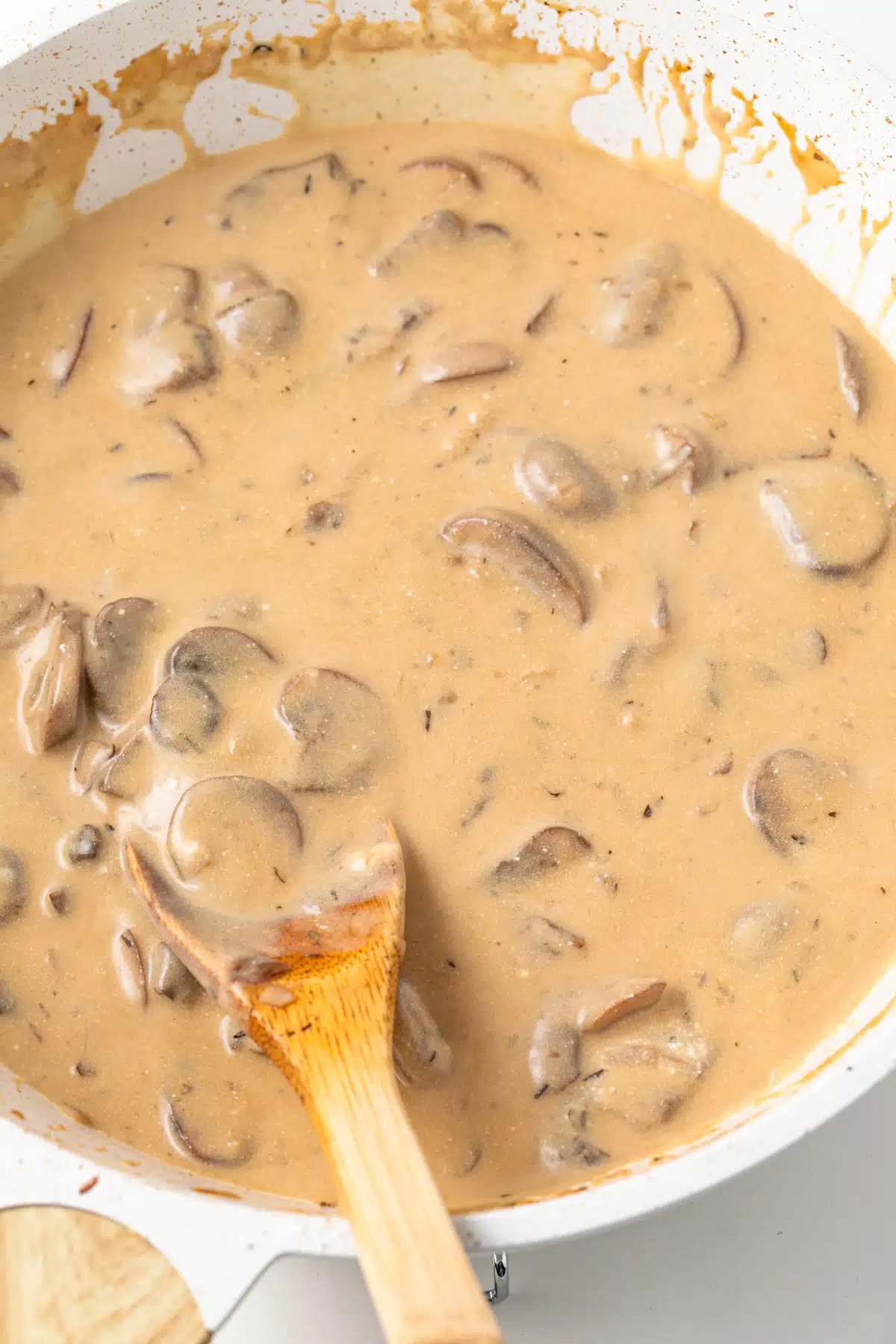 Mushroom stroganoff sauce in a pan.
