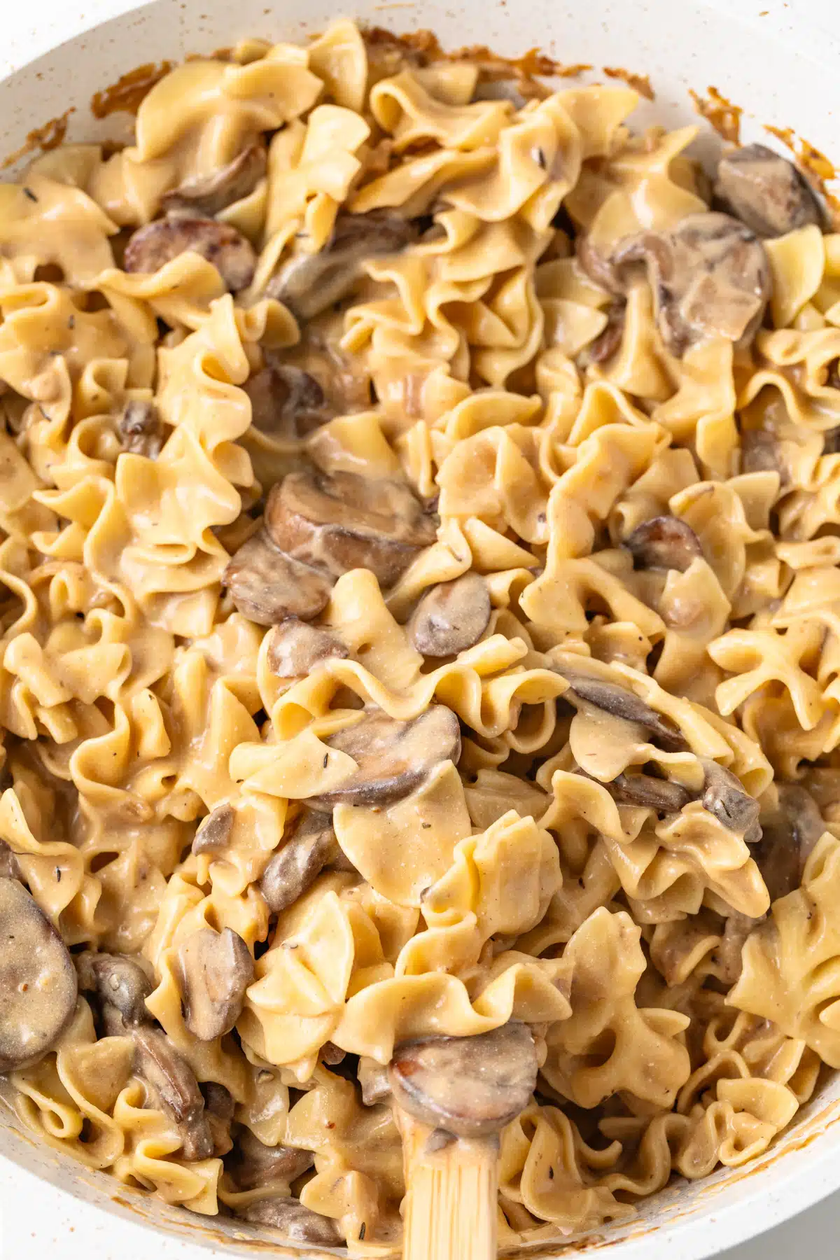 Mushroom stroganoff in a pan.