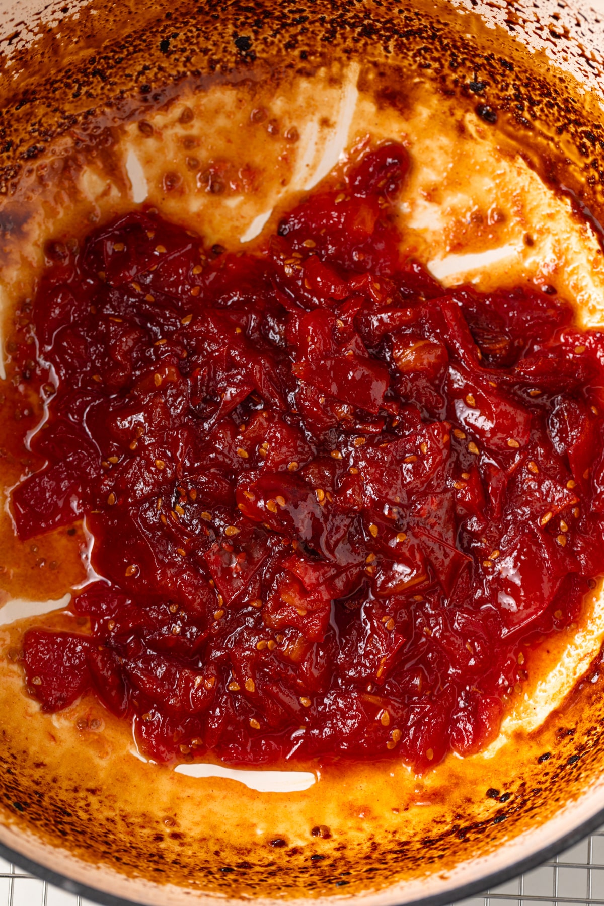 Roasted tomato jam cooked in a pot.
