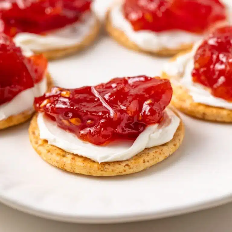Side view of roasted tomato jam on top of crackers.