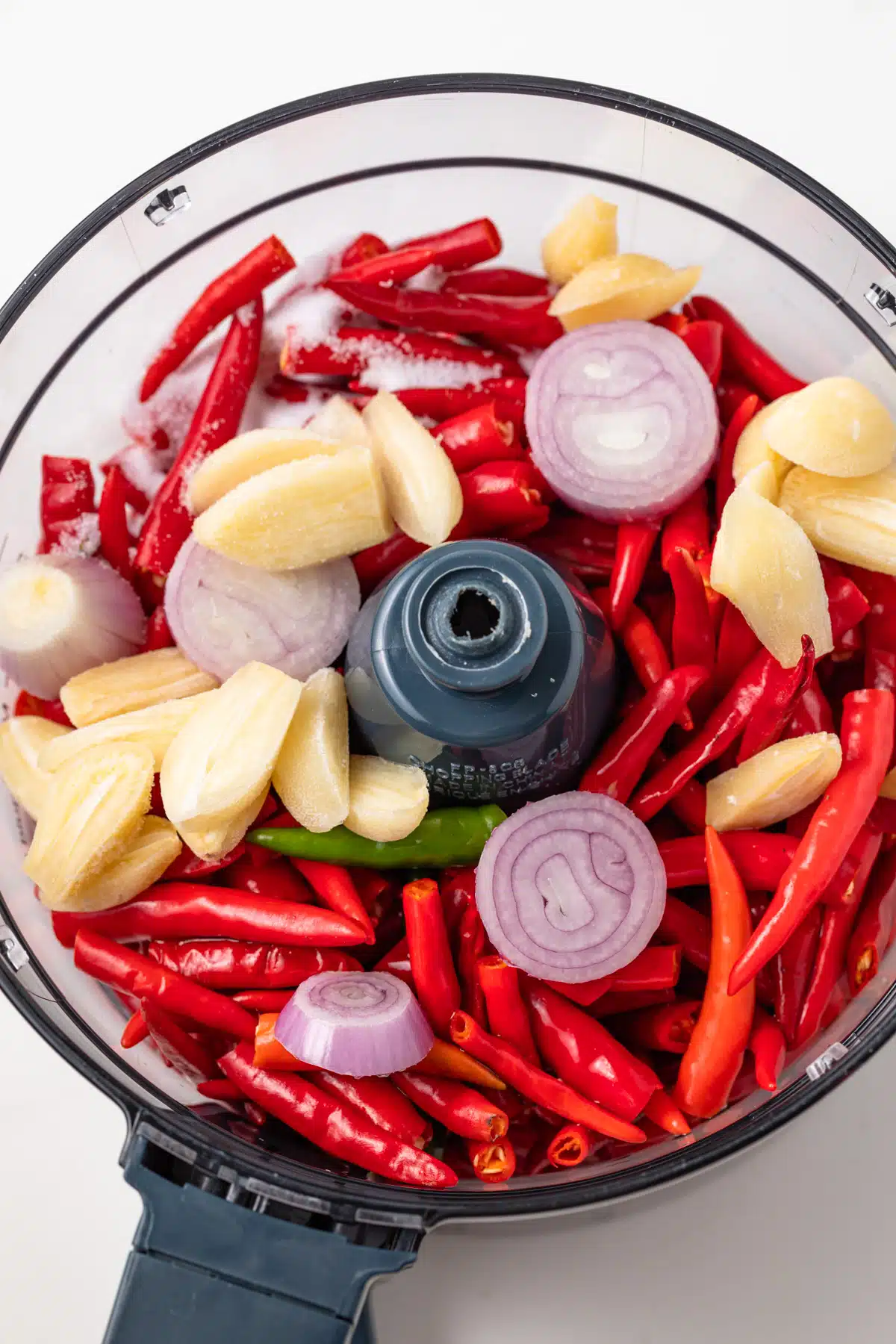 Ingredients for sambal oelek in a food processor.