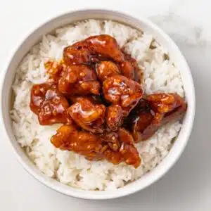 General tso chicken over rice.