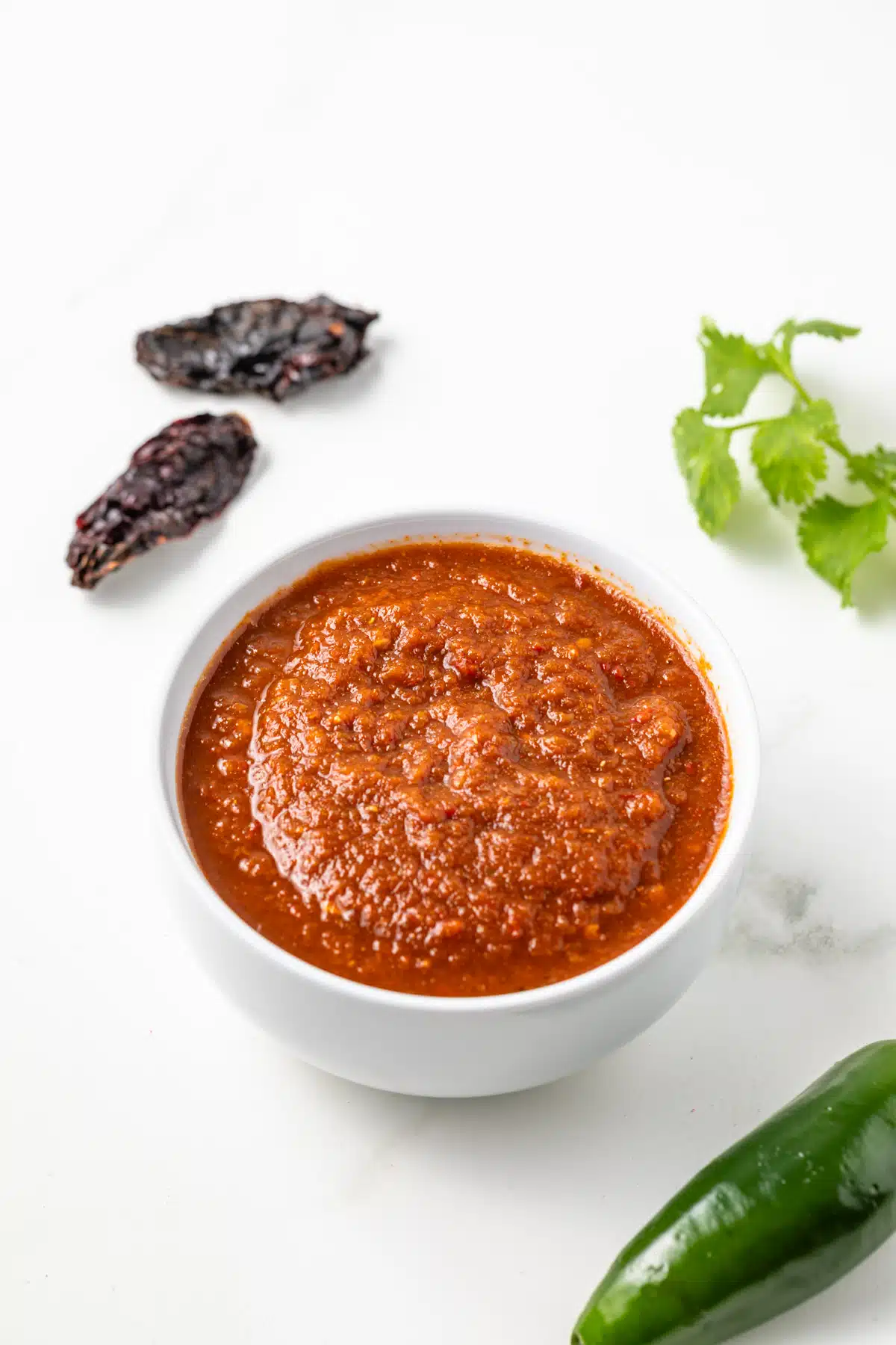 Side view of homemade picante sauce in a white bowl.