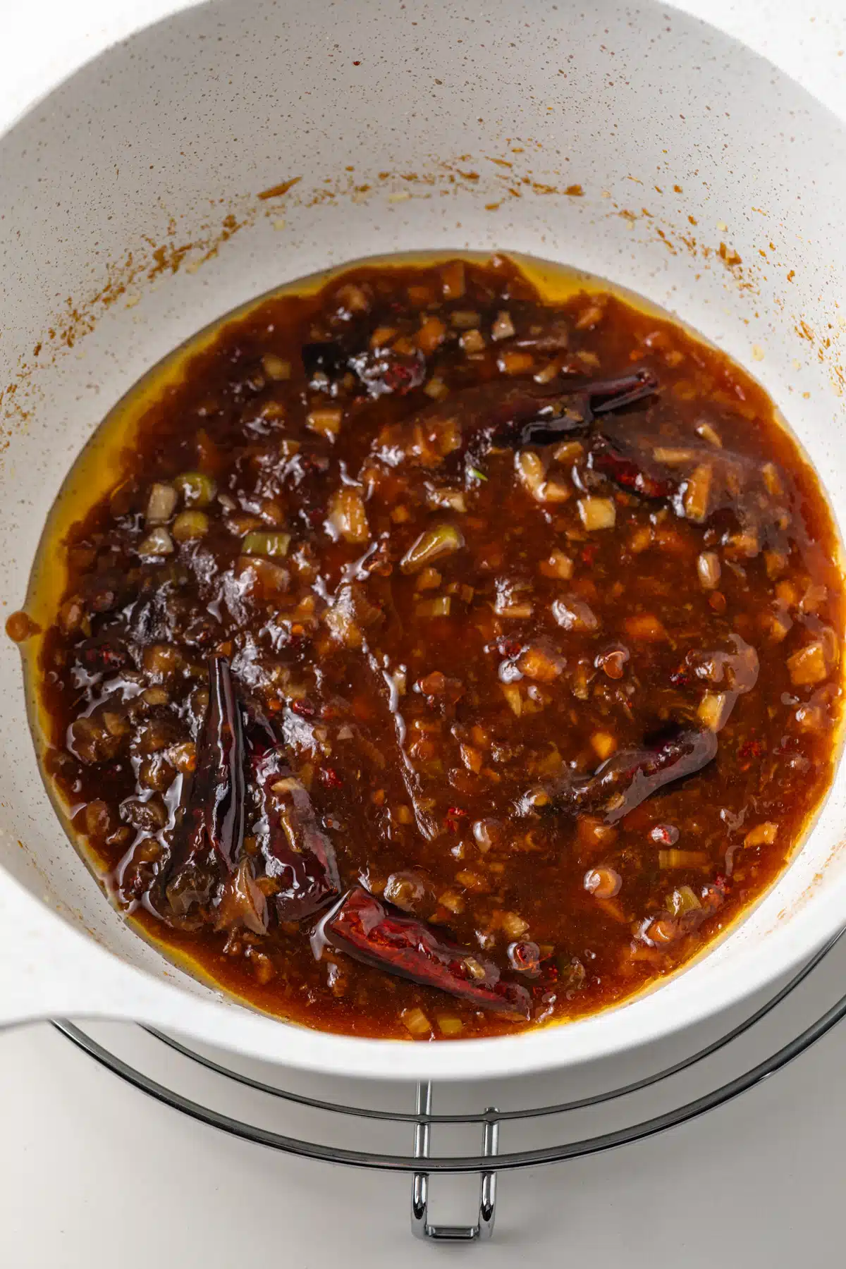 Kung Pao sauce in a saucepan.