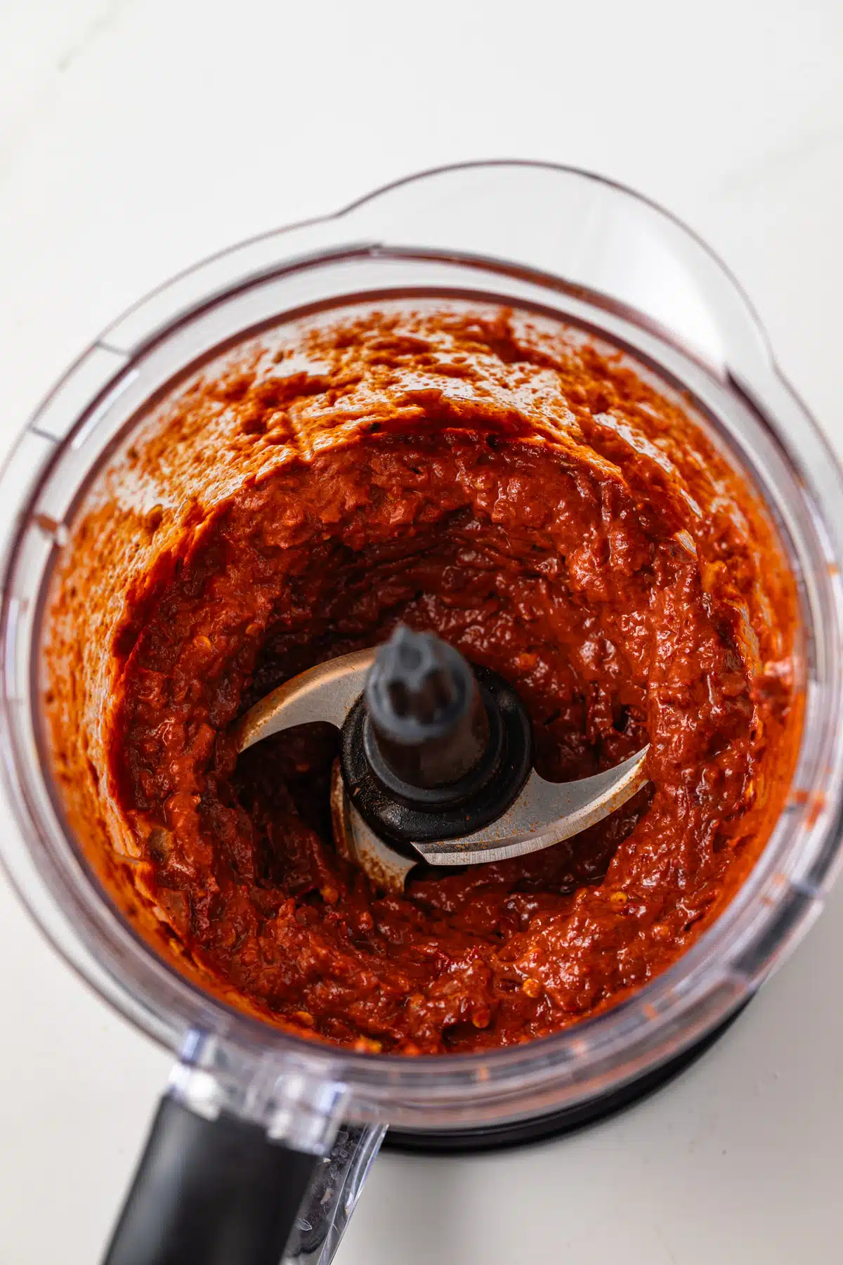 Harissa paste in a food processor.