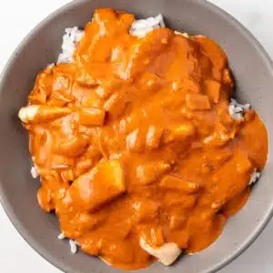 Overhead of tikka masala sauce over chicken and rice.