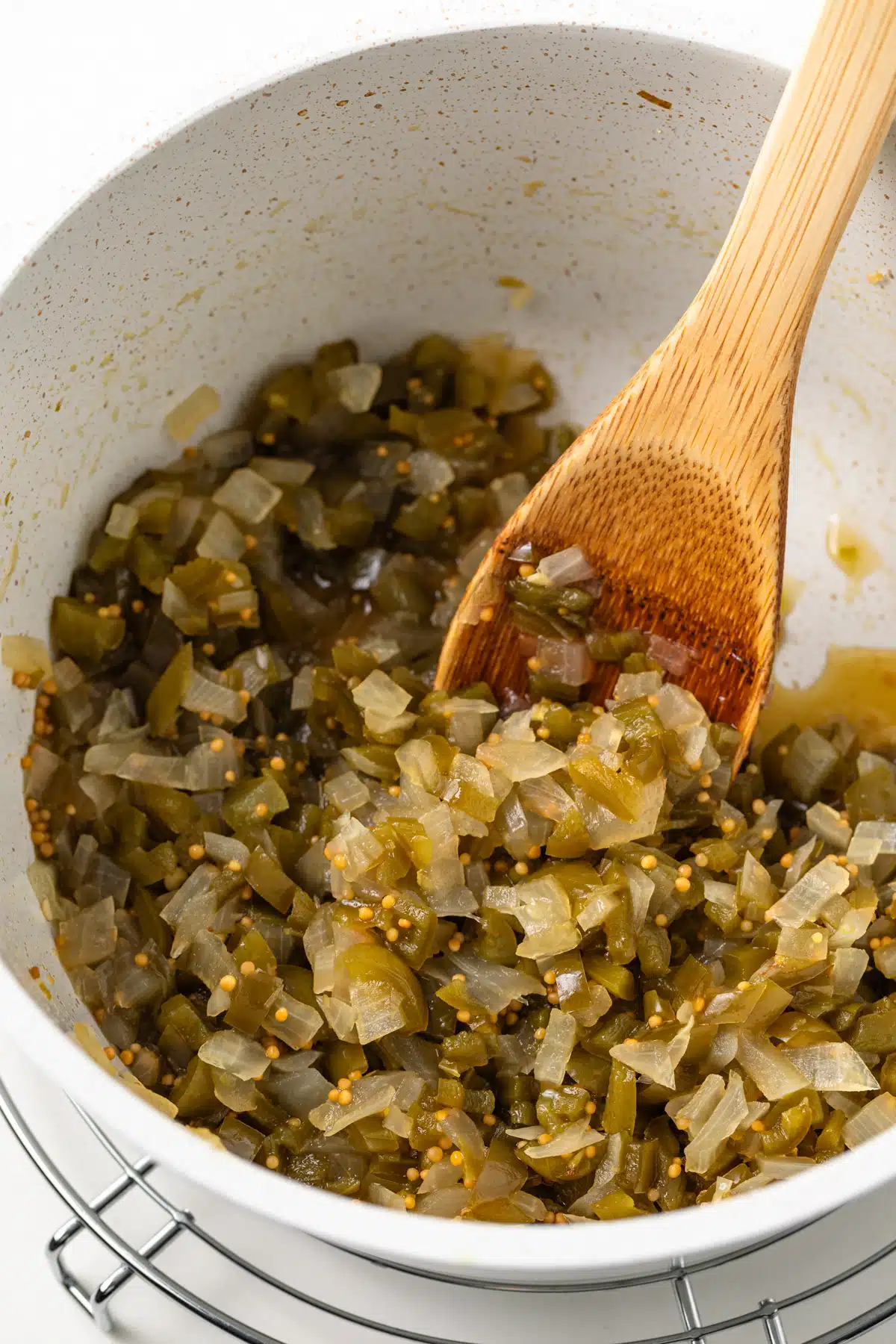 Hot pepper relish in a sauepan.