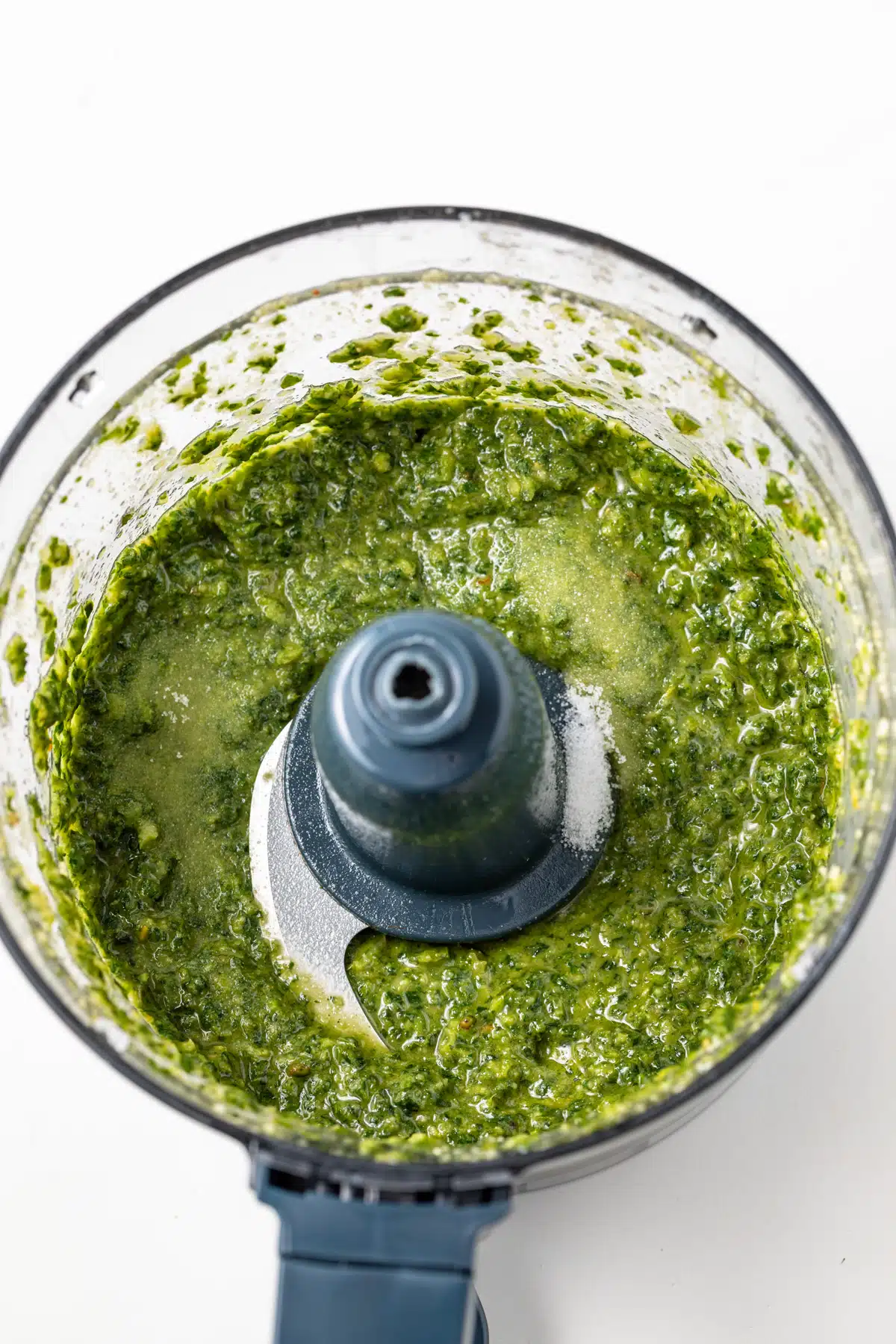 Oil and basil in a food processor.