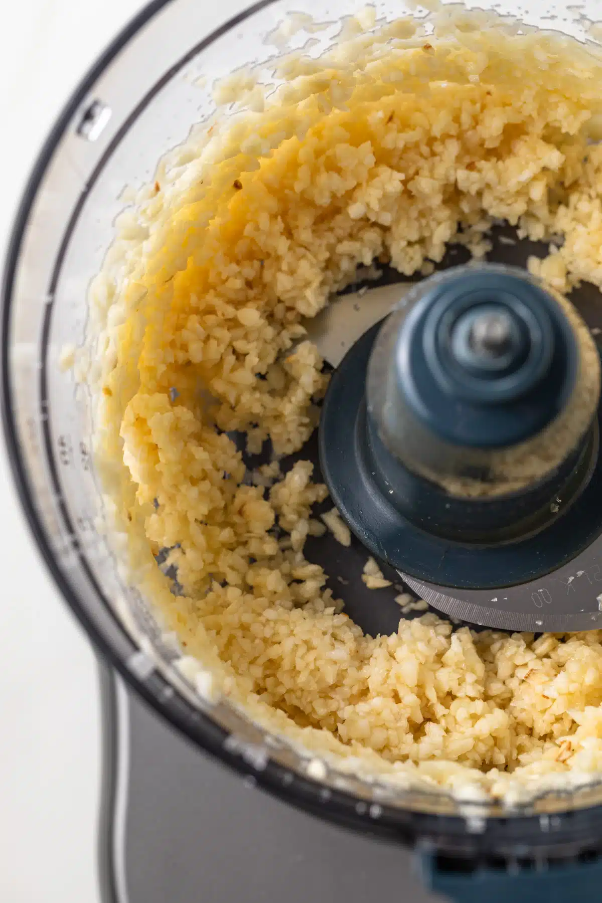 Minced garlic and salt in a food processor.