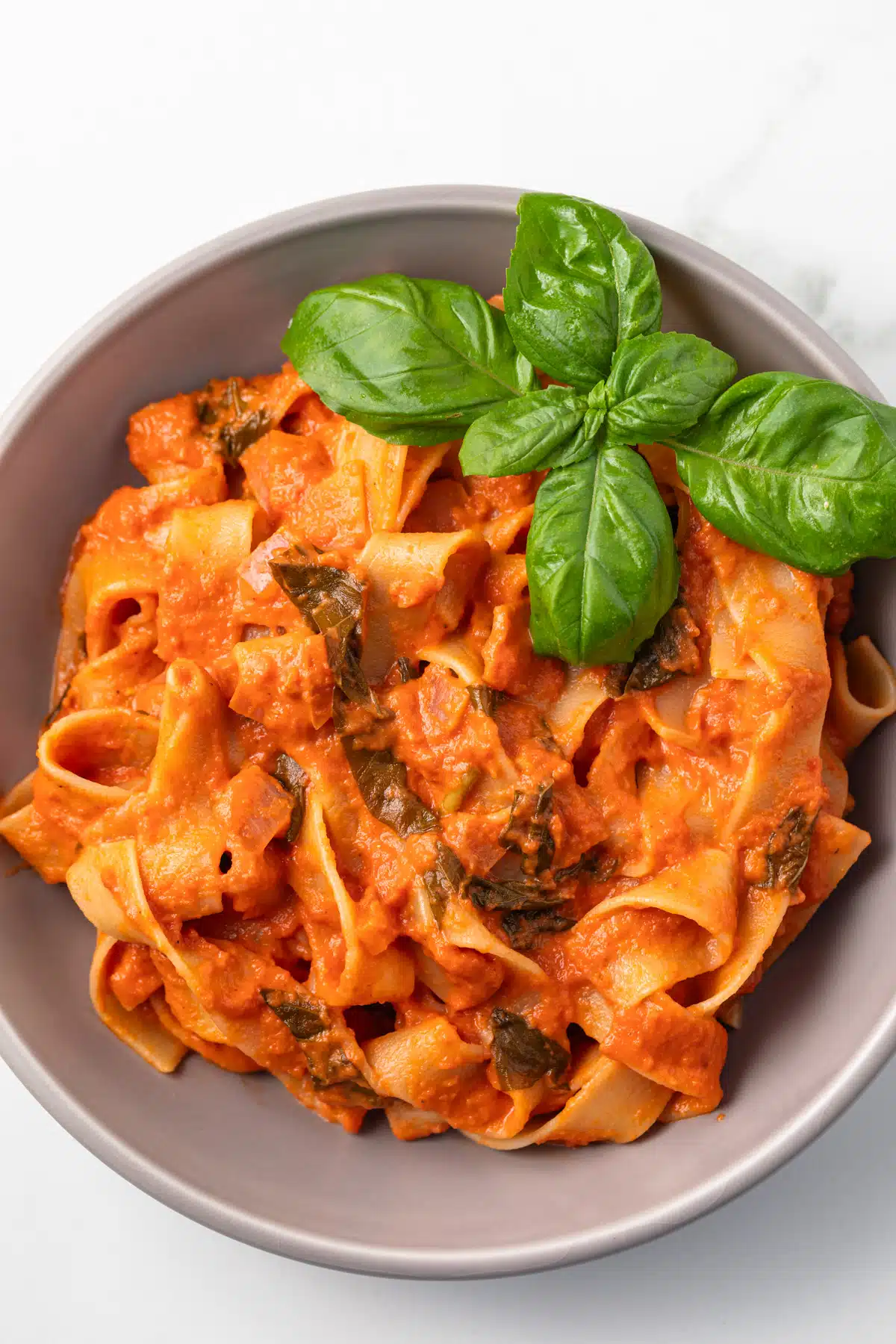 Tomato basil cream sauce over pasta in a bowl.