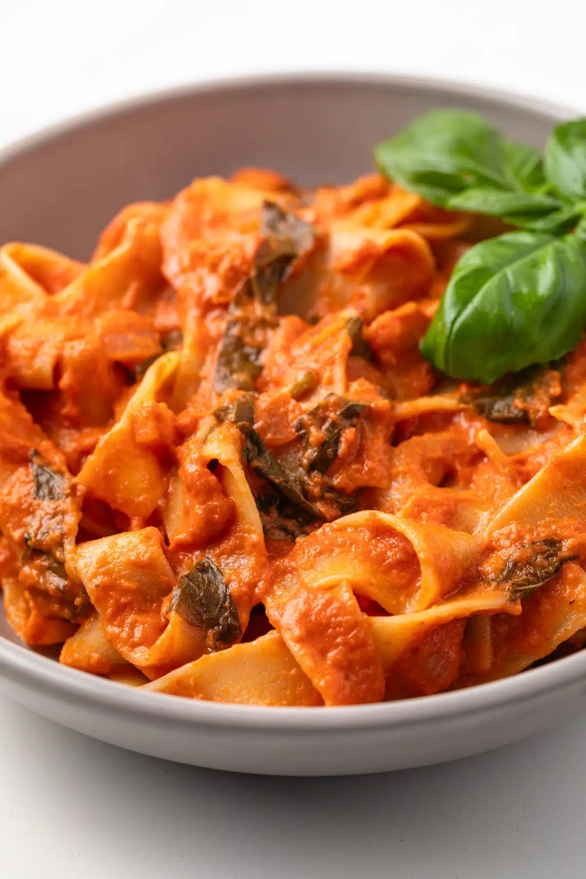 Side view of tomato basil cream sauce over pasta in a bowl.